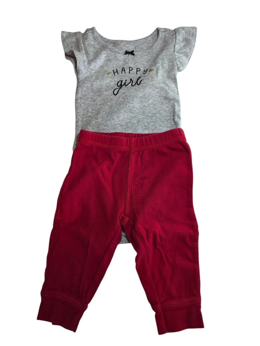 Happy Girl Carters Gray Onesie with Cherry Red Penguin Pants 6 Months EUC